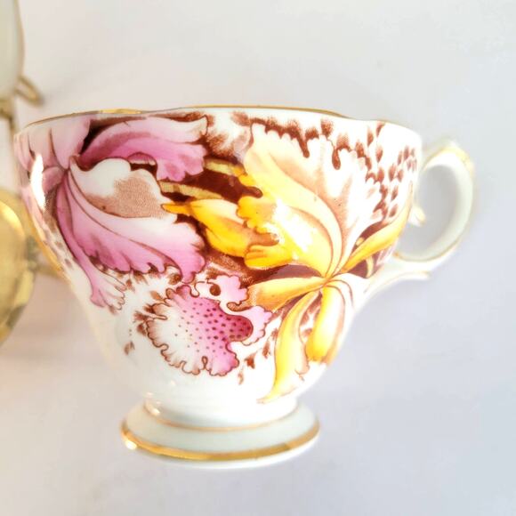 Vintage Queen Ann Teacup Saucer Orchids Pink Yellow Bone China Cottagecore - Picture 2 of 10